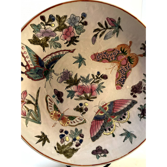 Vintage One Of A Kind Enamel Chinese Hand Painted Porcelain Butterfly Dish - Picture 3 of 7